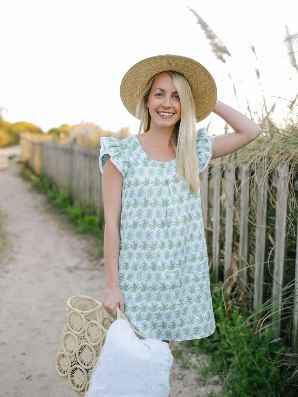 Green Palm-Print Flutter Sleeve Mini Dress persifor